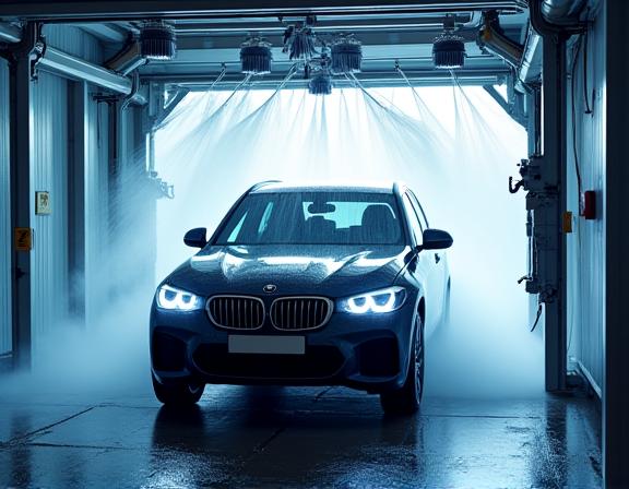 高性能洗車機で車を洗浄している様子